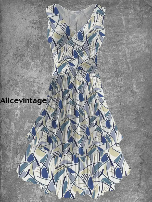 Women’s Art Print V-Neck Elegant Chic Sleeveless Midi Dress A / S