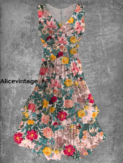 Women’s Art Vintage Floral Print V-Neck Elegant Chic Sleeveless Midi Dress A / S