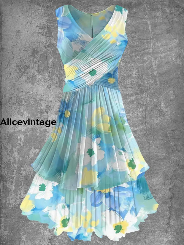 Women’s Artistic Floral Print V-Neck Elegant Chic Sleeveless Midi Dress A / S