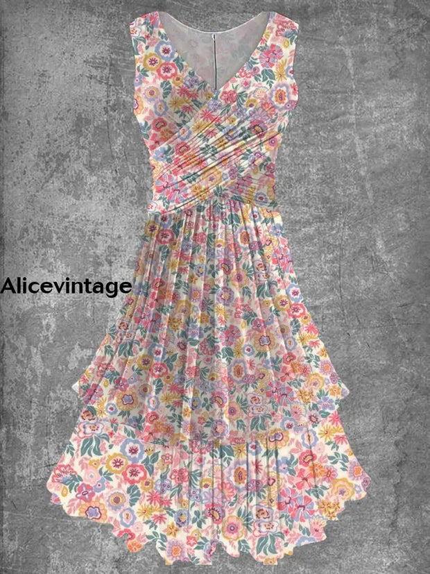 Women’s Artistic Floral Print V-Neck Elegant Chic Sleeveless Midi Dress A / S