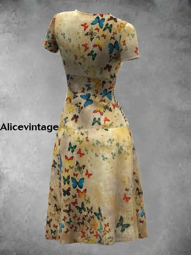 Women’s Butterfly Art Print Short Sleeve Midi Dress