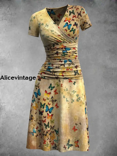 Women’s Butterfly Art Print Short Sleeve Midi Dress Color / S