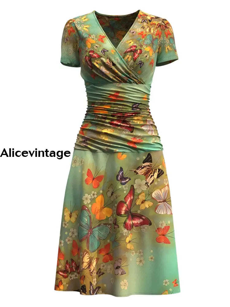 Women’s Butterfly Art Print Short Sleeve V Neck Midi Dress