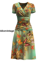 Women’s Butterfly Art Print Short Sleeve V Neck Midi Dress