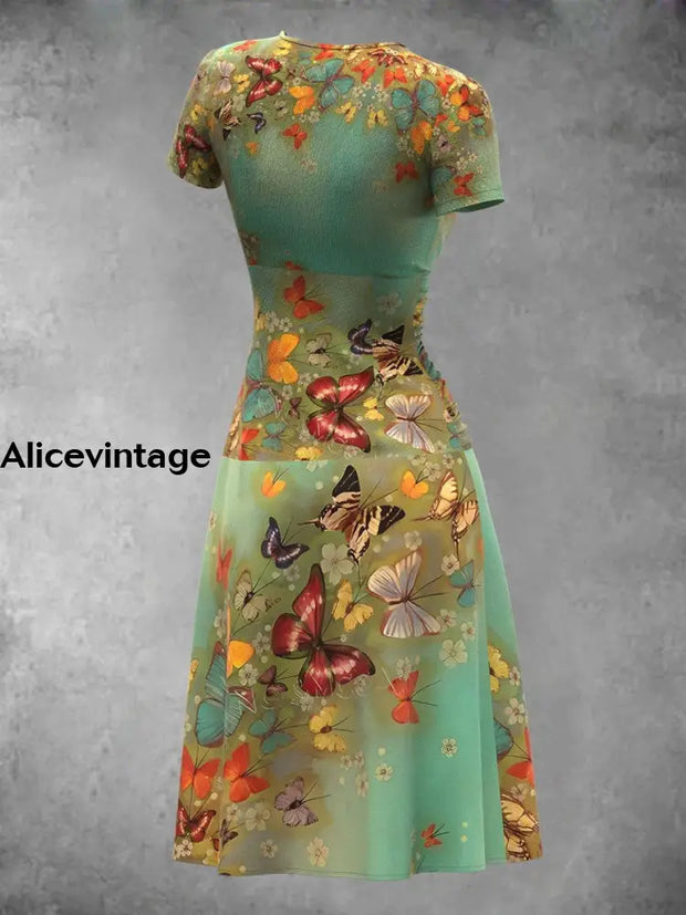 Women’s Butterfly Art Print Short Sleeve V Neck Midi Dress