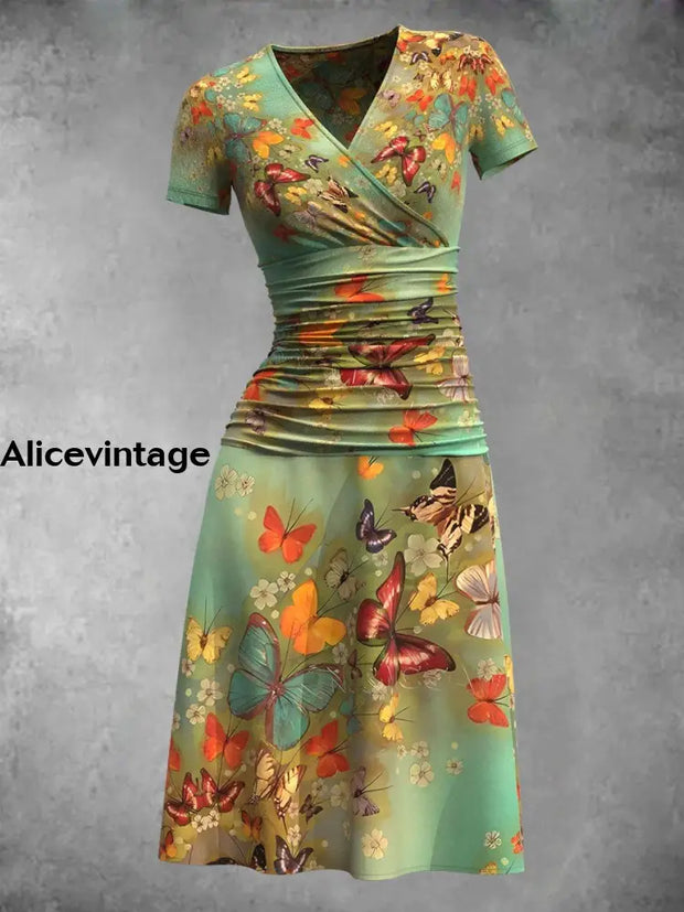 Women’s Butterfly Art Print Short Sleeve V Neck Midi Dress Color / S