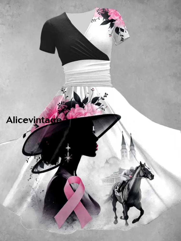 Women’s Derby Day Art Print V-Neck Short Sleeve Vintage Midi Dress As picture / S
