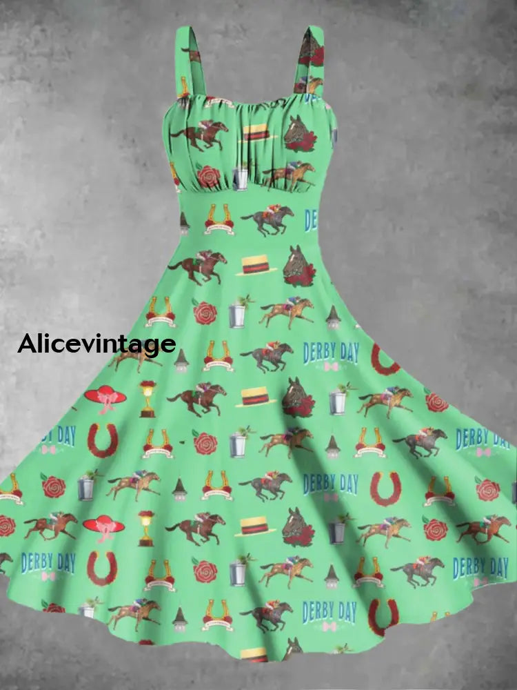 Women’s Derby Day Printed Casual Dress Green / S