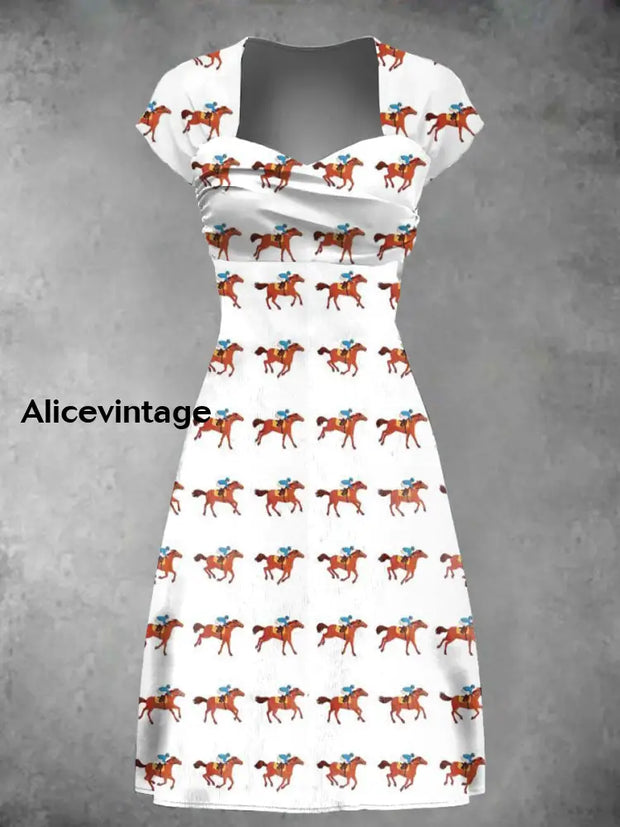 Women’s Derby Horse Art Print Dress White / S