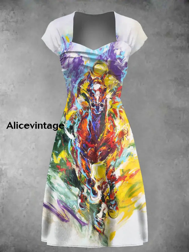 Women’s Derby Horse Oil Painting Print Dress As picture / S