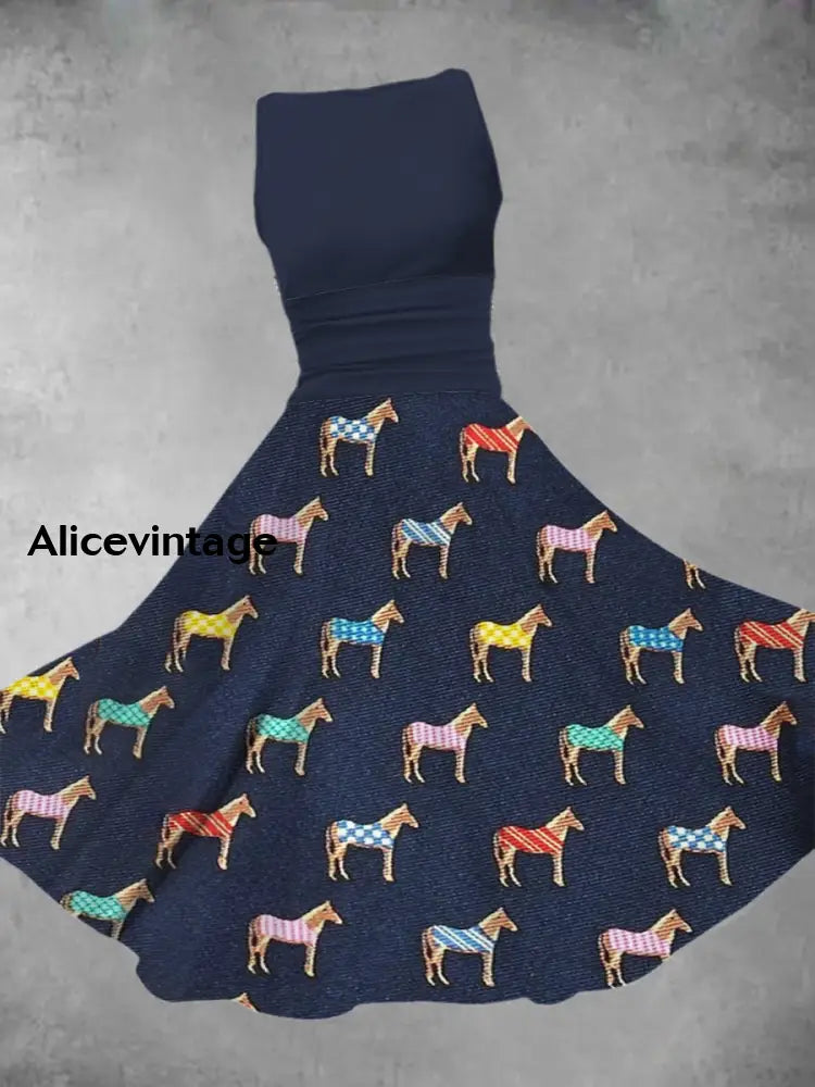 Women’s Derby Horse Print Dress Navy Blue / S