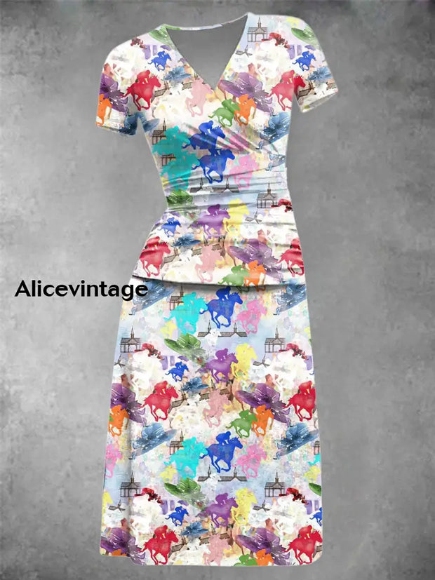 Women’s Derby Horse Print V-Neck Short Sleeve Vintage Midi Dress As picture / S