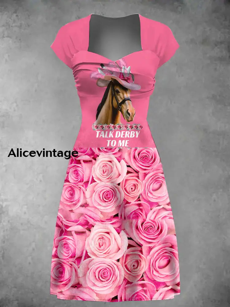 Womens Derby Horse Rose Print Dress Pink / S