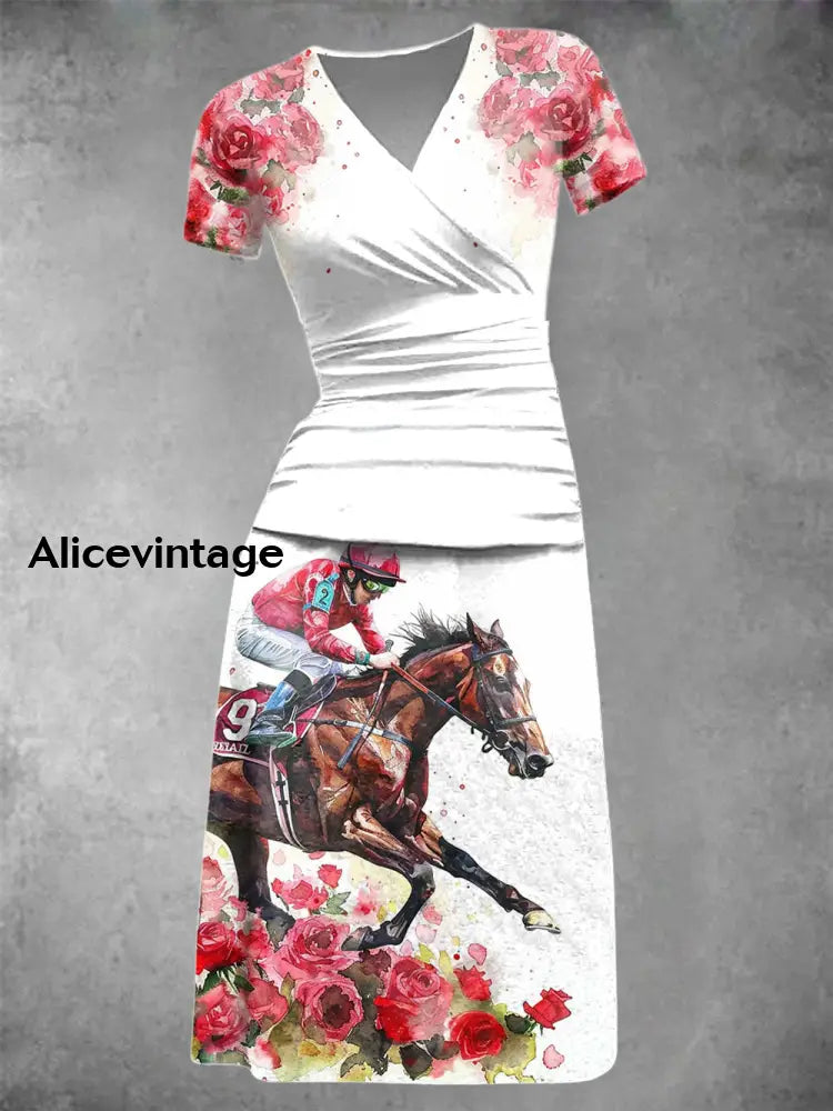 Women’s Derby Rose Art Print Short Sleeve Vintage Midi Dress As picture / S