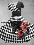 Women’s Derby Rose Check Art Print Short Sleeve Vintage Midi Dress Black / S