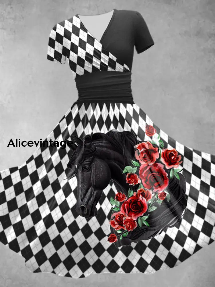 Women’s Derby Rose Check Art Print Short Sleeve Vintage Midi Dress Black / S