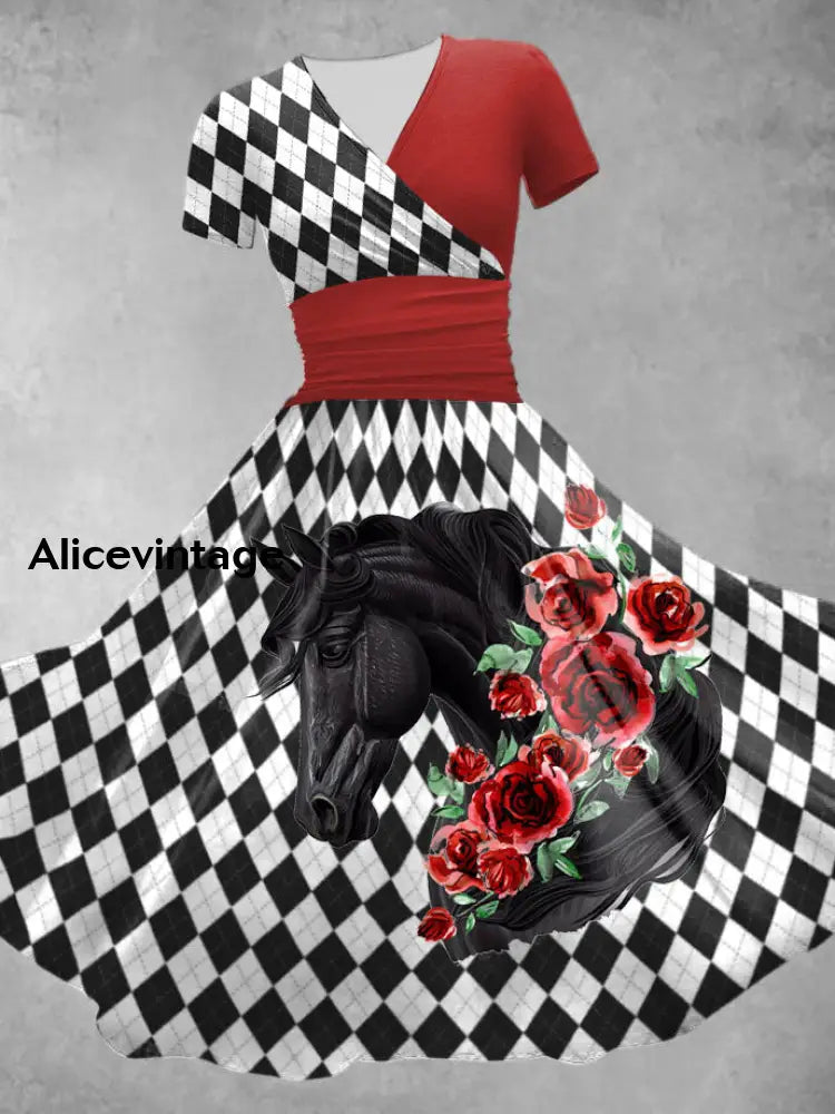 Women’s Derby Rose Check Art Print Short Sleeve Vintage Midi Dress Red / S