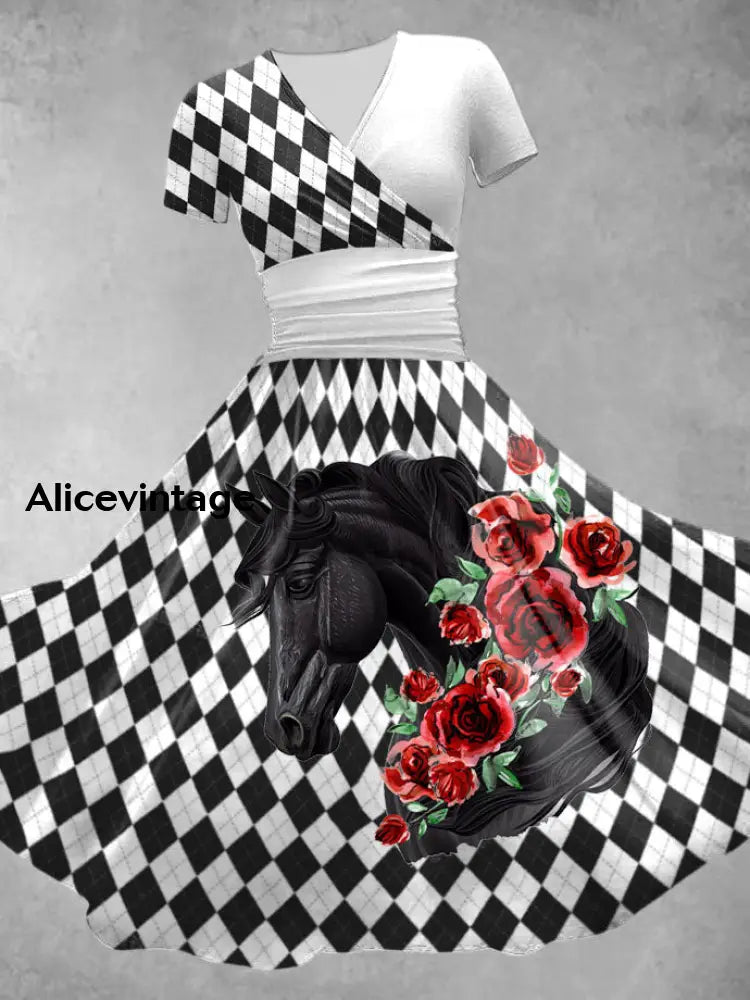 Women’s Derby Rose Check Art Print Short Sleeve Vintage Midi Dress White / S