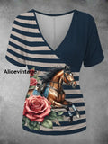 Women’s Derby Stripe V Neck Top Cyan / S
