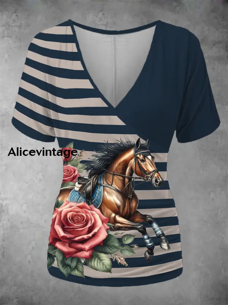 Women’s Derby Stripe V Neck Top Cyan / S