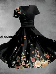 Women’s Elegant Floral Art Print Short Sleeve Retro Midi Dress A / S