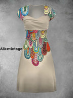 Women’s Elegant Vintage Art Pattern Short Sleeve Casual Midi Dress