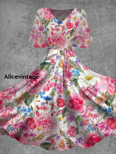 Women’s Fashion Art Floral Print V-Neck Short Sleeve Trumpet Midi Dress A / S