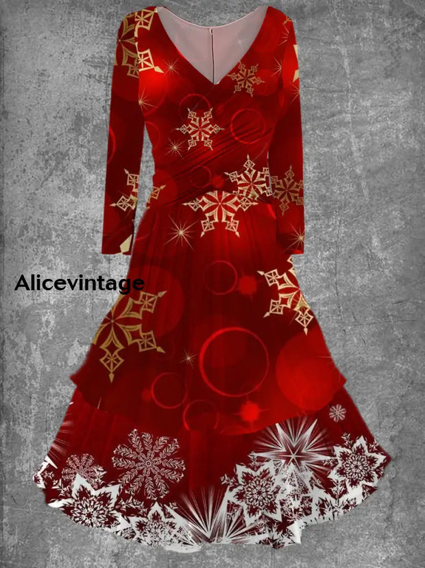 Women’s Fashion Christmas Art Print V-Neck Long Sleeve Midi Dress A / S