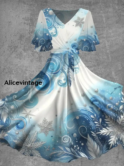 Women’s Fashion Christmas Art Print V-Neck Short Sleeve Trumpet Midi Dress A / S