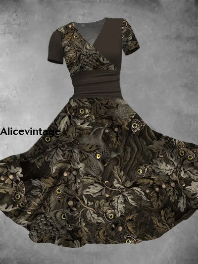 Women’s Fashion Elegant Art Owl Butterfly Print V-Neck Short Sleeve Midi Dress A / S