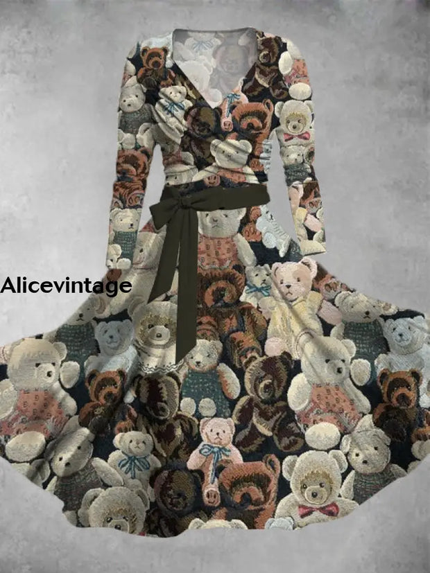 Women’s Fashion Elegant Art Plush Bear Print Long Sleeve V-Neck Lace-Up Midi Dress A / S