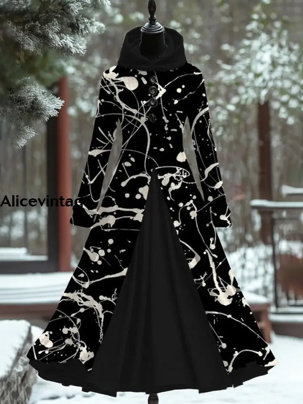 Women’s Fashion Elegant Art Print Hooded Long Sleeve Button Fake Two Piece Dress Coat A / S