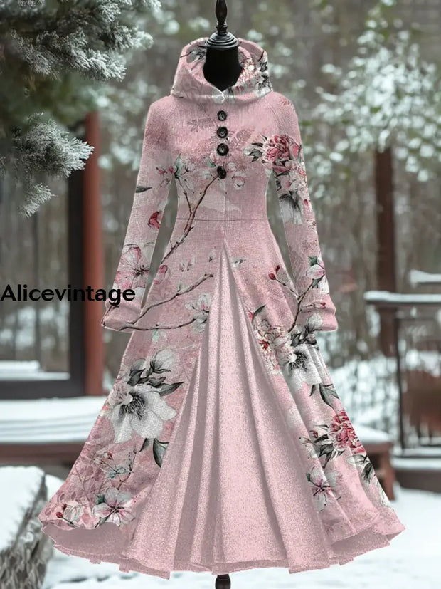 Women’s Fashion Elegant Art Print Hooded Long Sleeve Button Fake Two Piece Dress Coat A / S