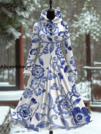 Women’s Fashion Elegant Art Print Hooded Long Sleeve Fake Two-Button Thick Dress Coat A / S