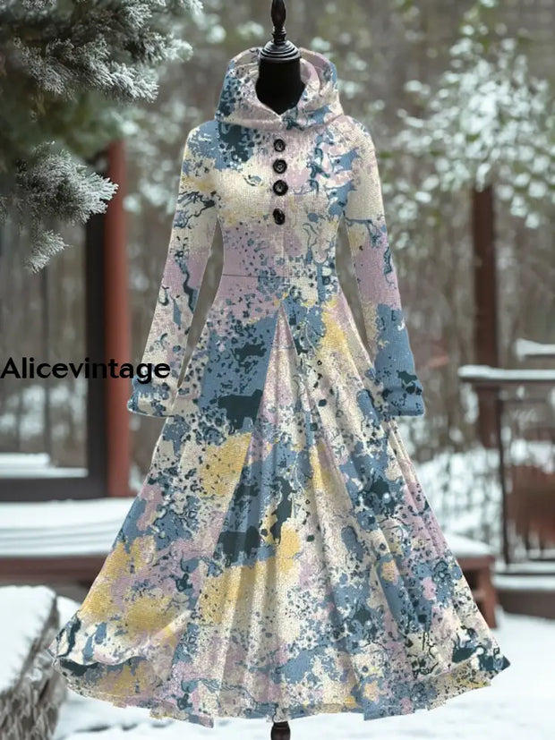 Women’s Fashion Elegant Art Print Hooded Long Sleeve Fake Two-Piece Dress A / S