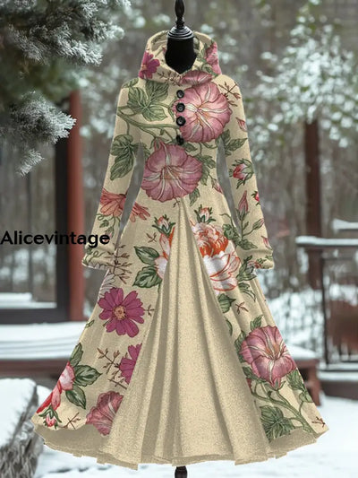 Women’s Fashion Elegant Art Print Hooded Long Sleeve Fake Two-Piece Dress A / S