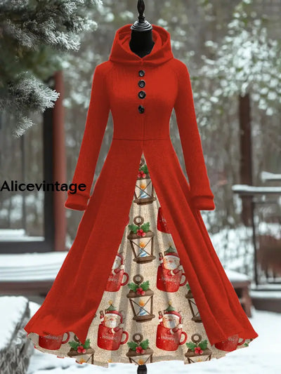 Women’s Fashion Elegant Art Print Hooded Long Sleeve Fake Two-Piece Dress A / S