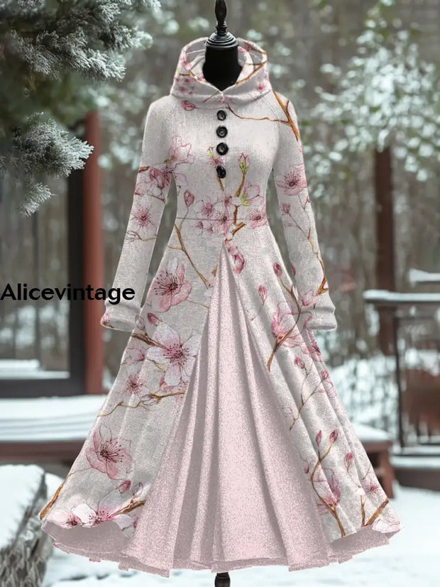 Women’s Fashion Elegant Art Print Hooded Long Sleeve Fake Two-Piece Dress A / S