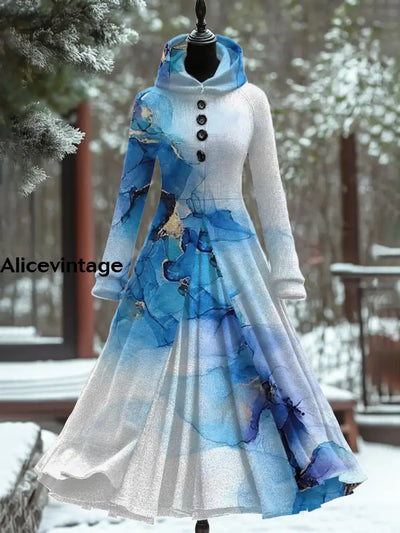 Women’s Fashion Elegant Art Print Hooded Long Sleeve Fake Two-Piece Dress A / S