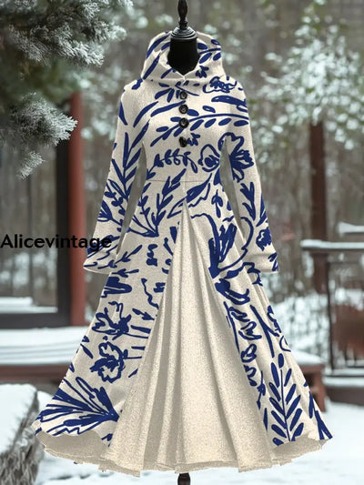 Women’s Fashion Elegant Art Print Hooded Long Sleeve Fake Two-Piece Dress A / S