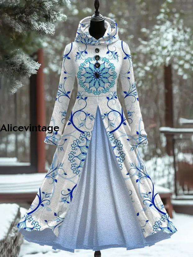 Women’s Fashion Elegant Art Print Long Sleeve Hooded Button Fake Two Piece Thick Dress A / S