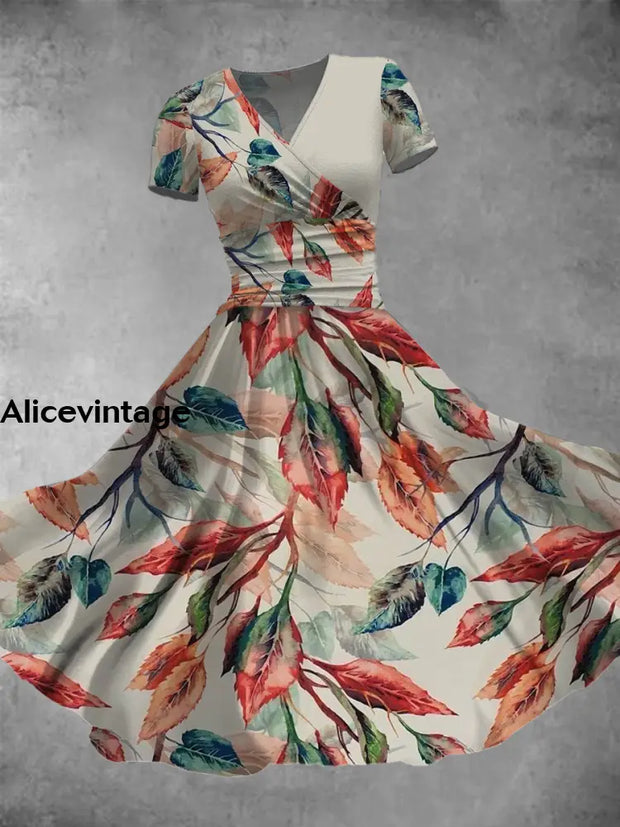 Women’s Fashion Elegant Art Print V-Neck Short Sleeve Midi Dress A / S