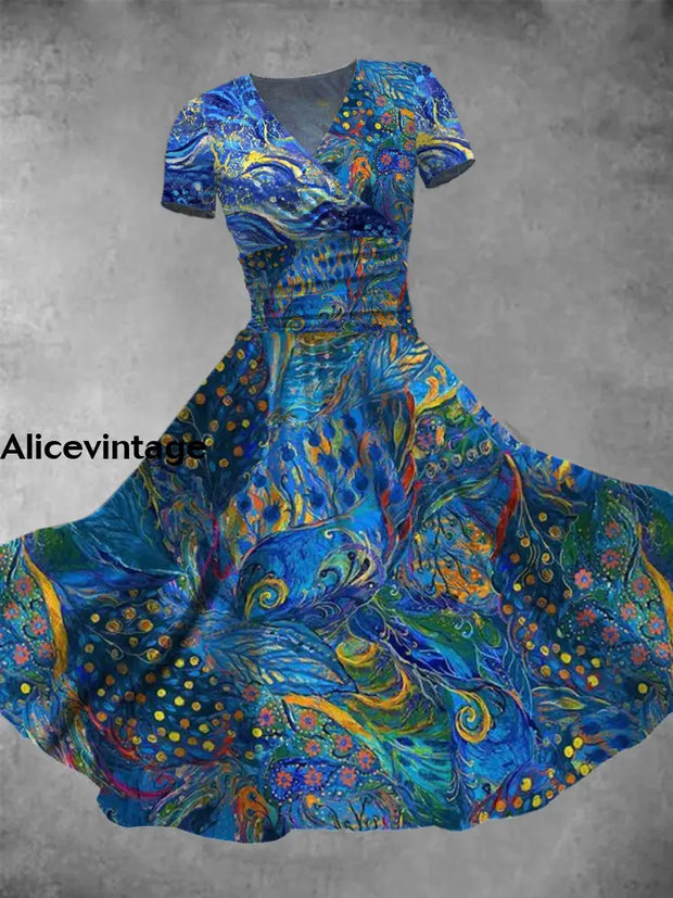 Women’s Fashion Elegant Art Print V-Neck Short Sleeve Midi Dress A / S