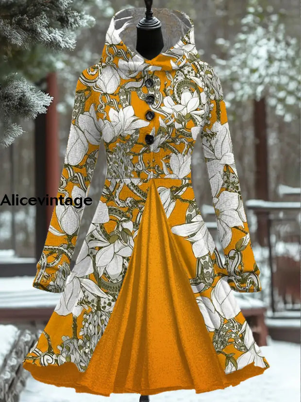 Women’s Fashion Elegant Artistic Floral Print Long Sleeve Button Hooded Fake Two Piece Short