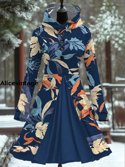 Women’s Fashion Elegant Artistic Floral Print Long Sleeve Button Hooded Fake Two Piece Short