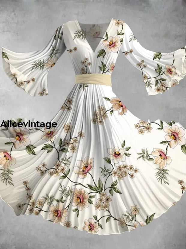 Women’s Fashion Elegant Artistic Floral Print Long Sleeves Trumpet V Neck Flowing Midi Dress A / S