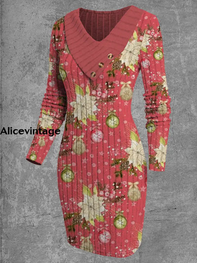 Women’s Fashion Elegant Artistic Floral Print V-Neck Lapel Long Sleeve Midi Dress A / S