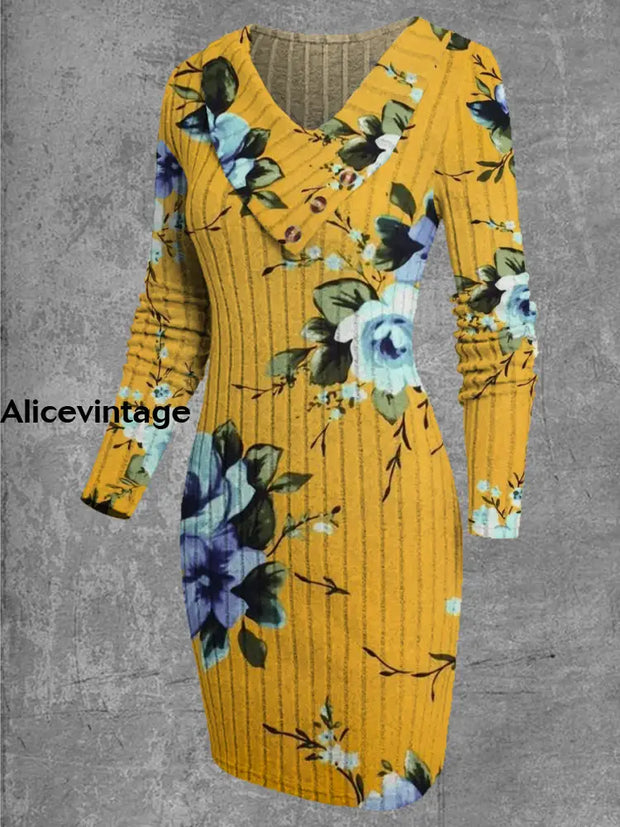 Women’s Fashion Elegant Artistic Floral Print V-Neck Lapel Long Sleeve Midi Dress A / S