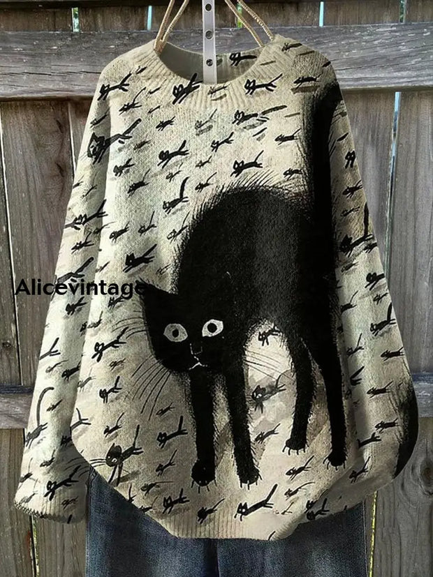 Women’s Fashion Elegant Cat Art Print Round Neck Long Sleeve Sweater A / S