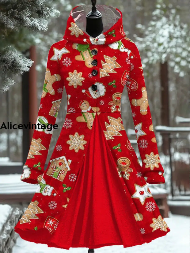 Women’s Fashion Elegant Christmas Art Print Long Sleeve Button Hooded Fake Two Piece Short Dress